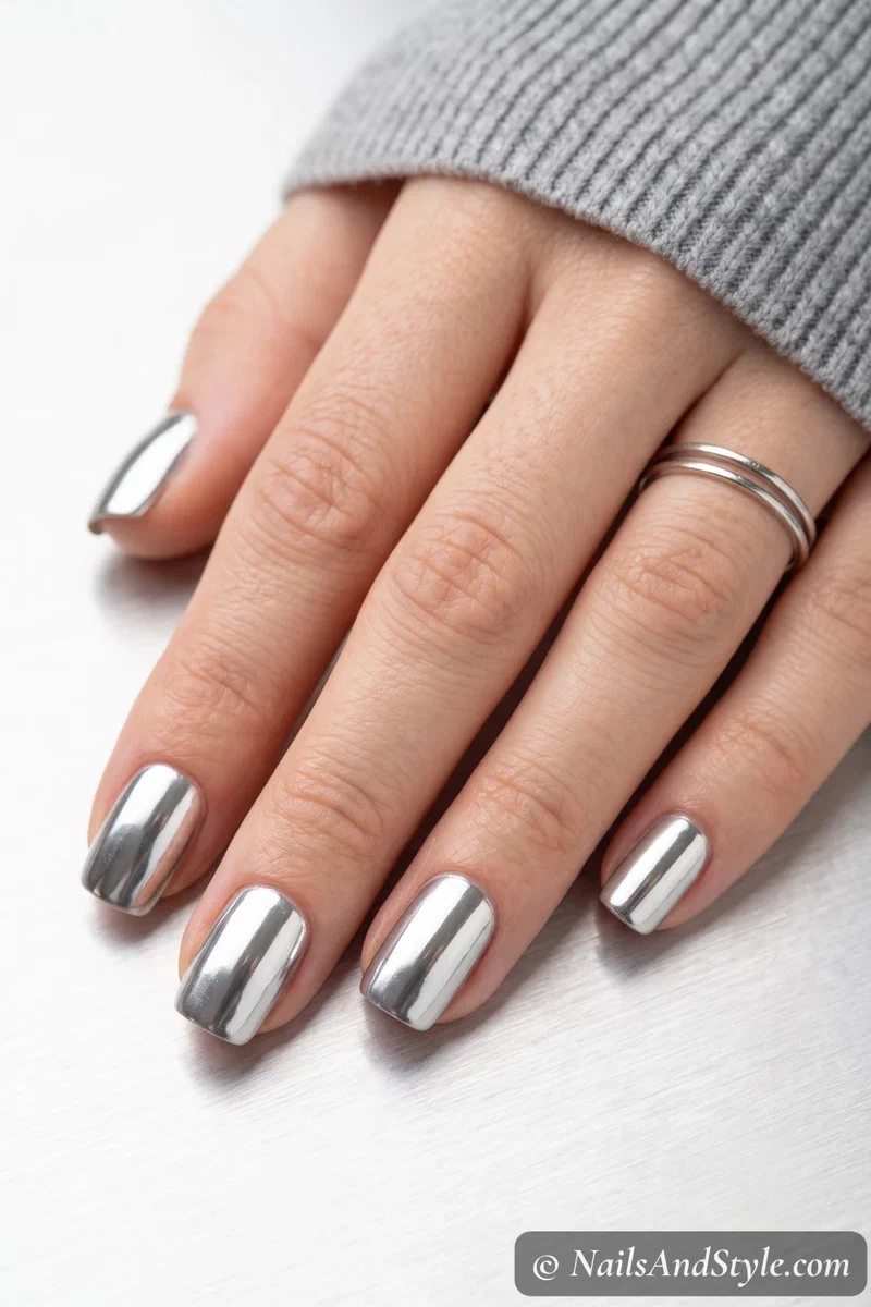 Rose gold chrome nails made with chrome powder over regular polish without a lamp, warm metallic mirror finish on almond nails