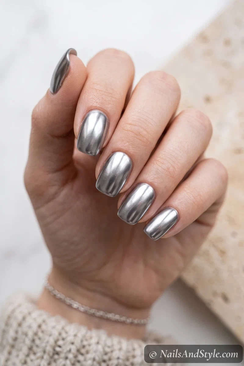 Silver mirror chrome on short squoval nails with a clean reflective finish over a smooth base
