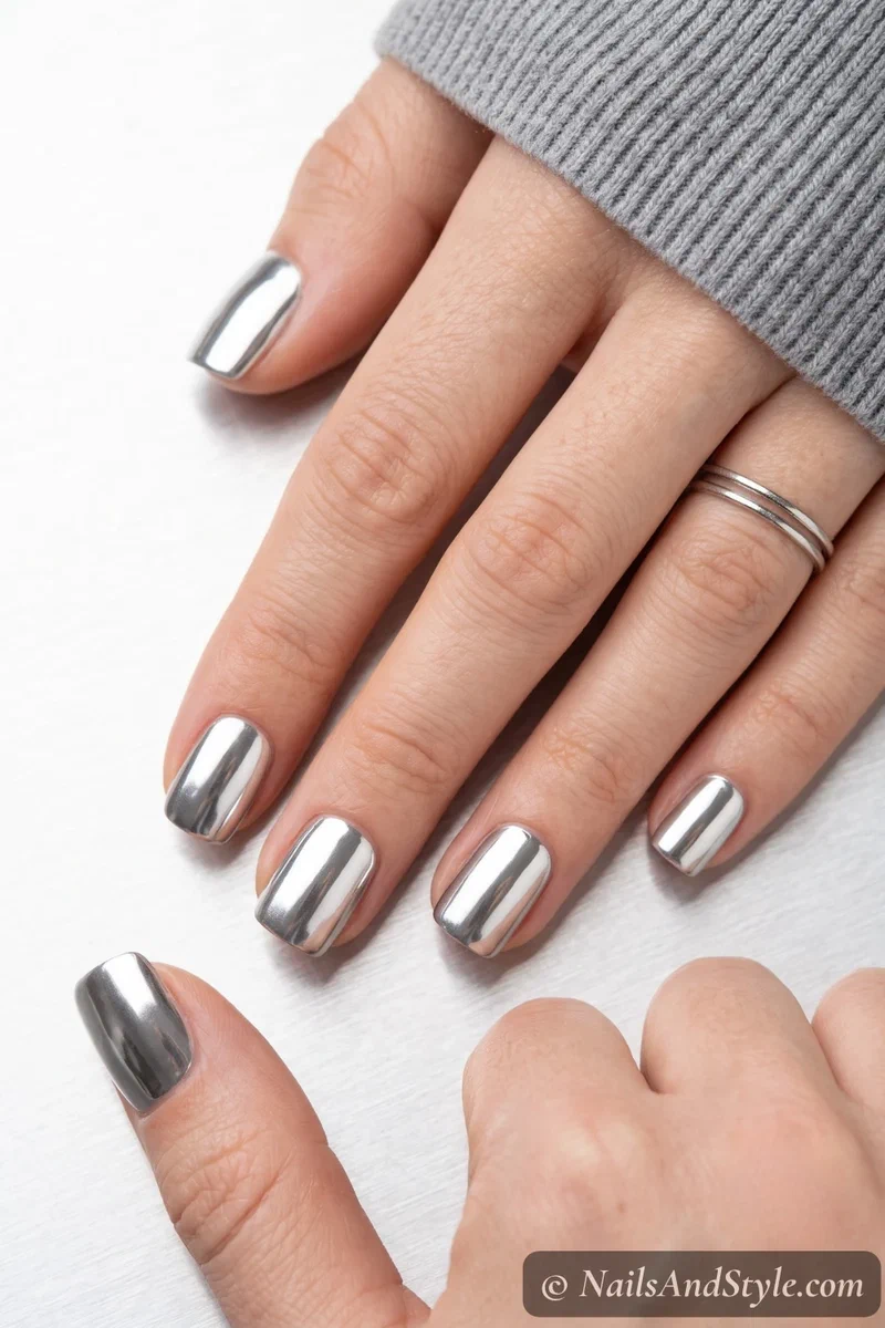Mirror chrome nails from peel-and-stick wraps with a flawless reflective silver finish on short squoval nails