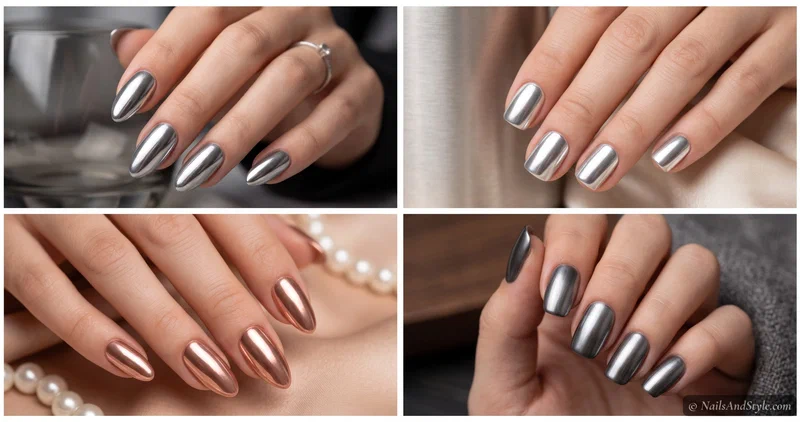 Four ways to do chrome nails without powder — silver mirror polish, peel-and-stick chrome wraps, an eyeshadow pigment rub, and a soft no-lamp chrome finish