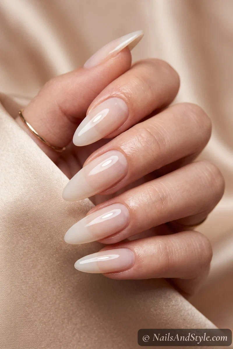Glossy coconut jelly nails in sheer milky white on long almond nails with a liquid-glass shine