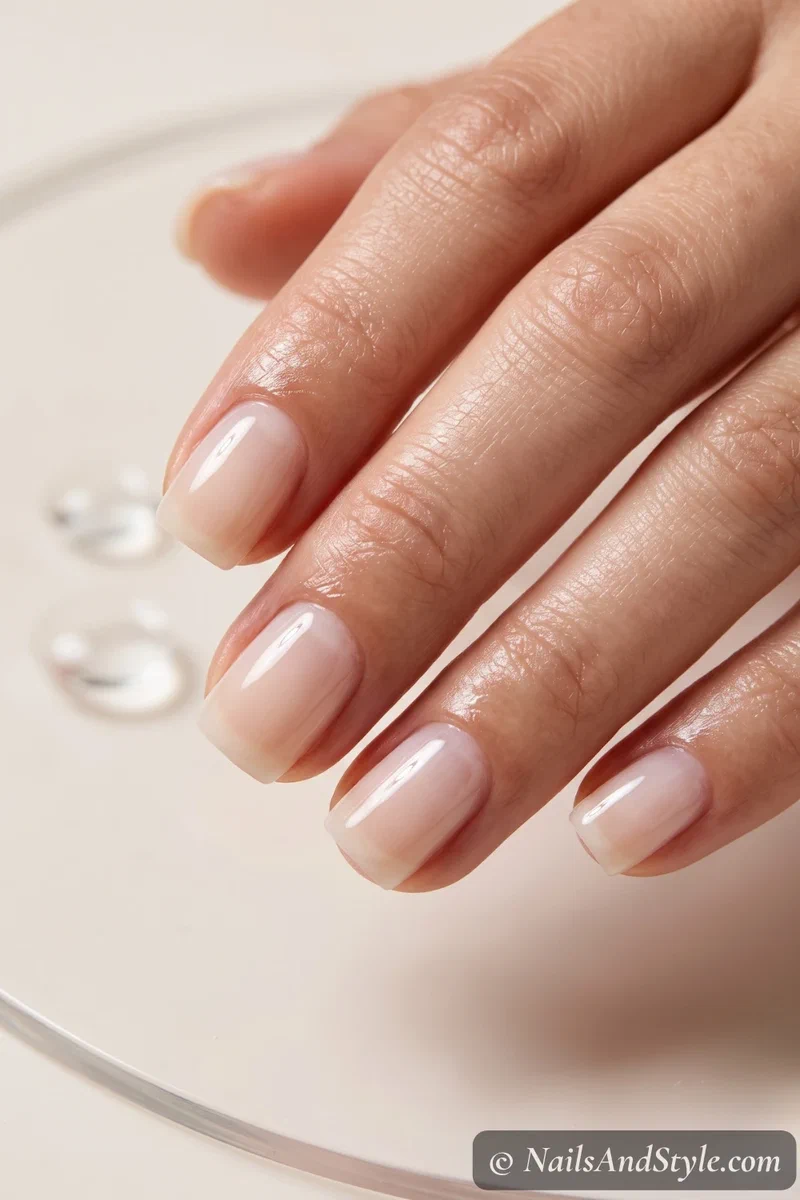 Classic coconut jelly nails in sheer milky white with a glossy glass finish on short square nails