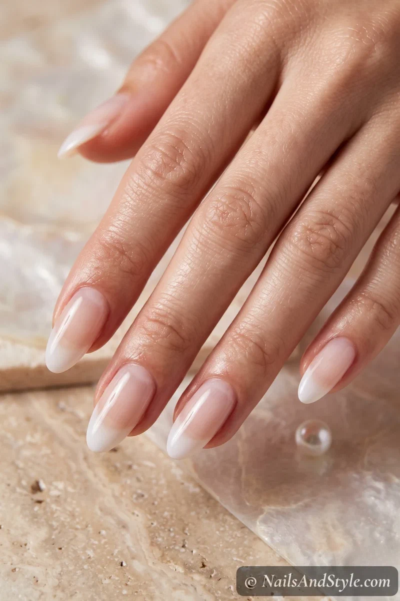 Soft jelly French nails with a sheer coconut base and a milky white tip on medium almond nails