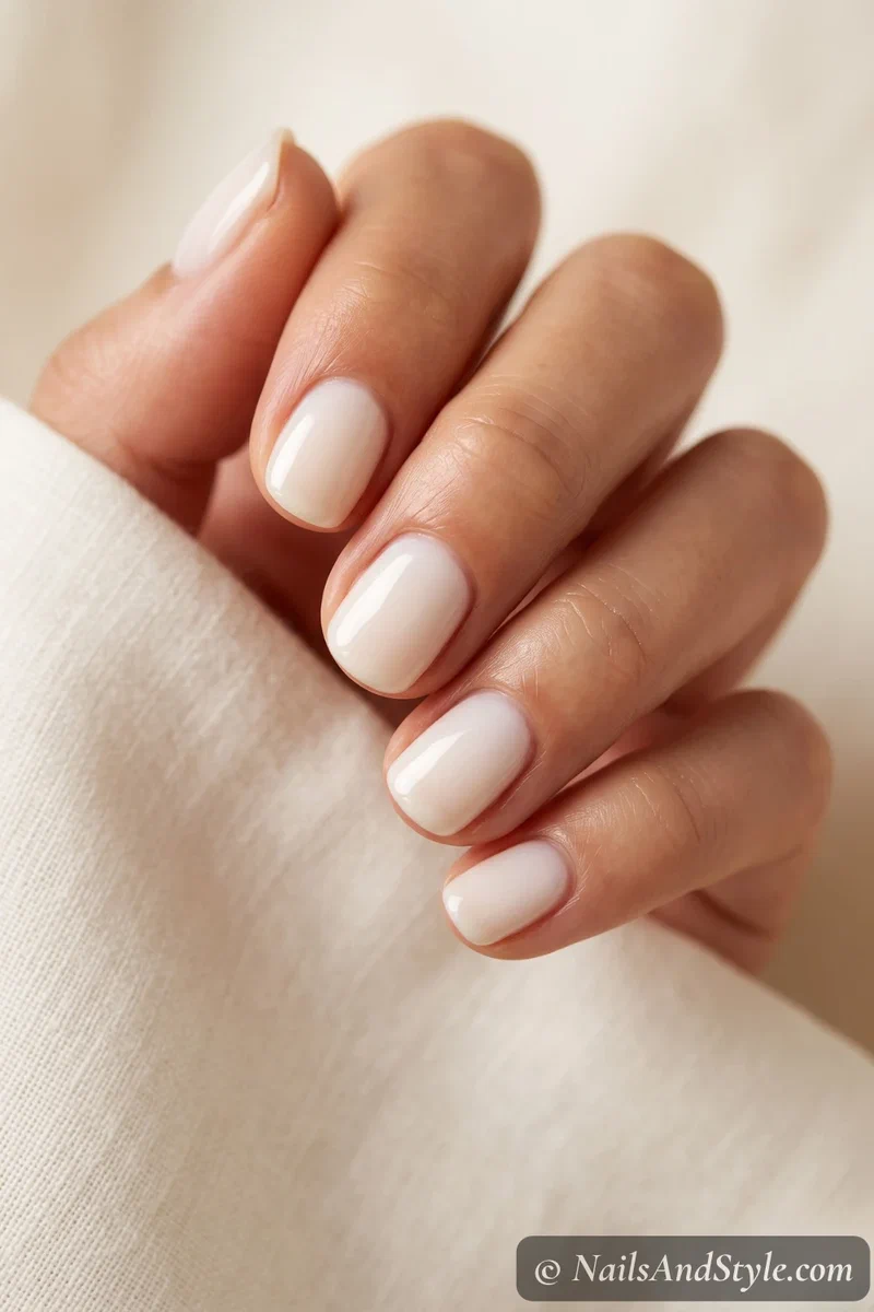 Coconut milk nails in a creamier semi-opaque milky white with a soft glossy finish on short round nails