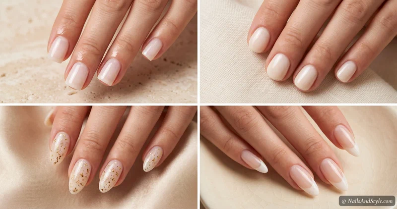 Collage of four coconut jelly nail looks including classic sheer milky white, creamier coconut milk, a soft jelly French, and glossy almond nails