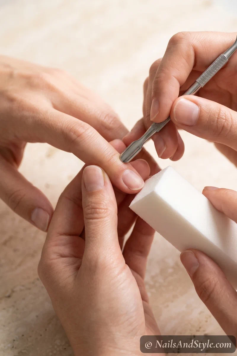 Hands pushing back cuticles and lightly buffing natural nails on a clean marble surface