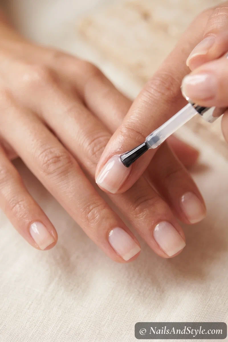 Applying a thin sheer white polish over a natural nail, showing the nail bed faintly through the translucent coat