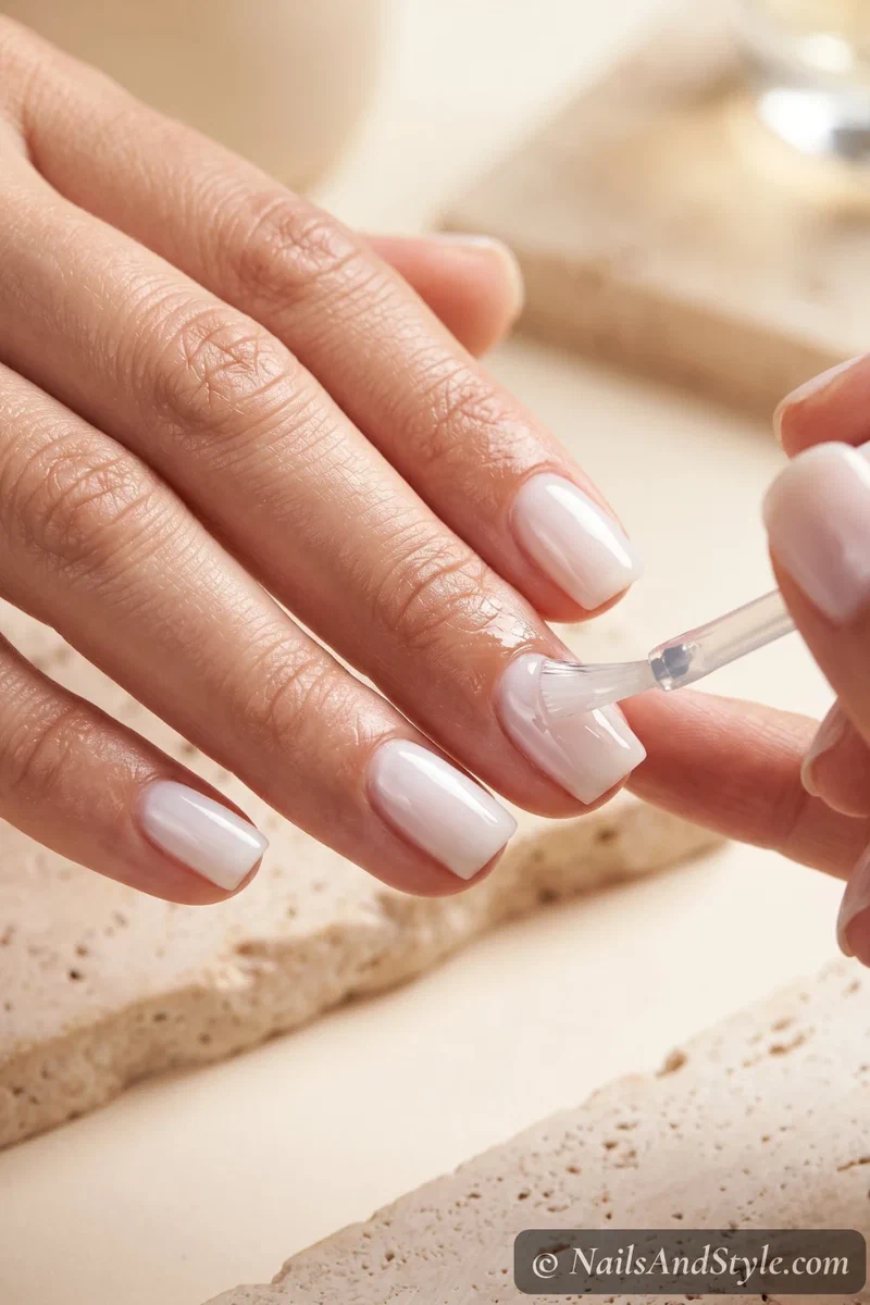 Brushing a high-shine glossy top coat over sheer milky white nails for a wet glass-like finish