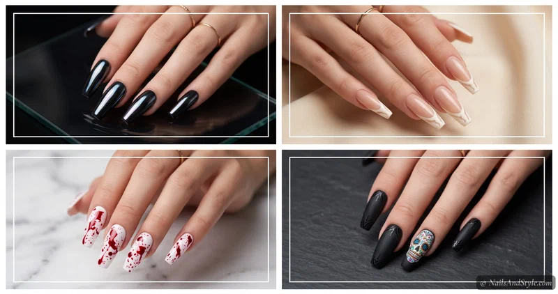 Long black coffin nails with glossy red blood drips, emerging into a candlelit Halloween altar scene