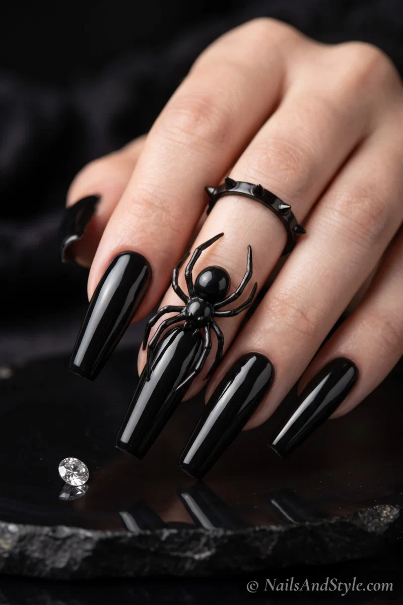 Long black coffin nails with a raised 3D sculpted spider