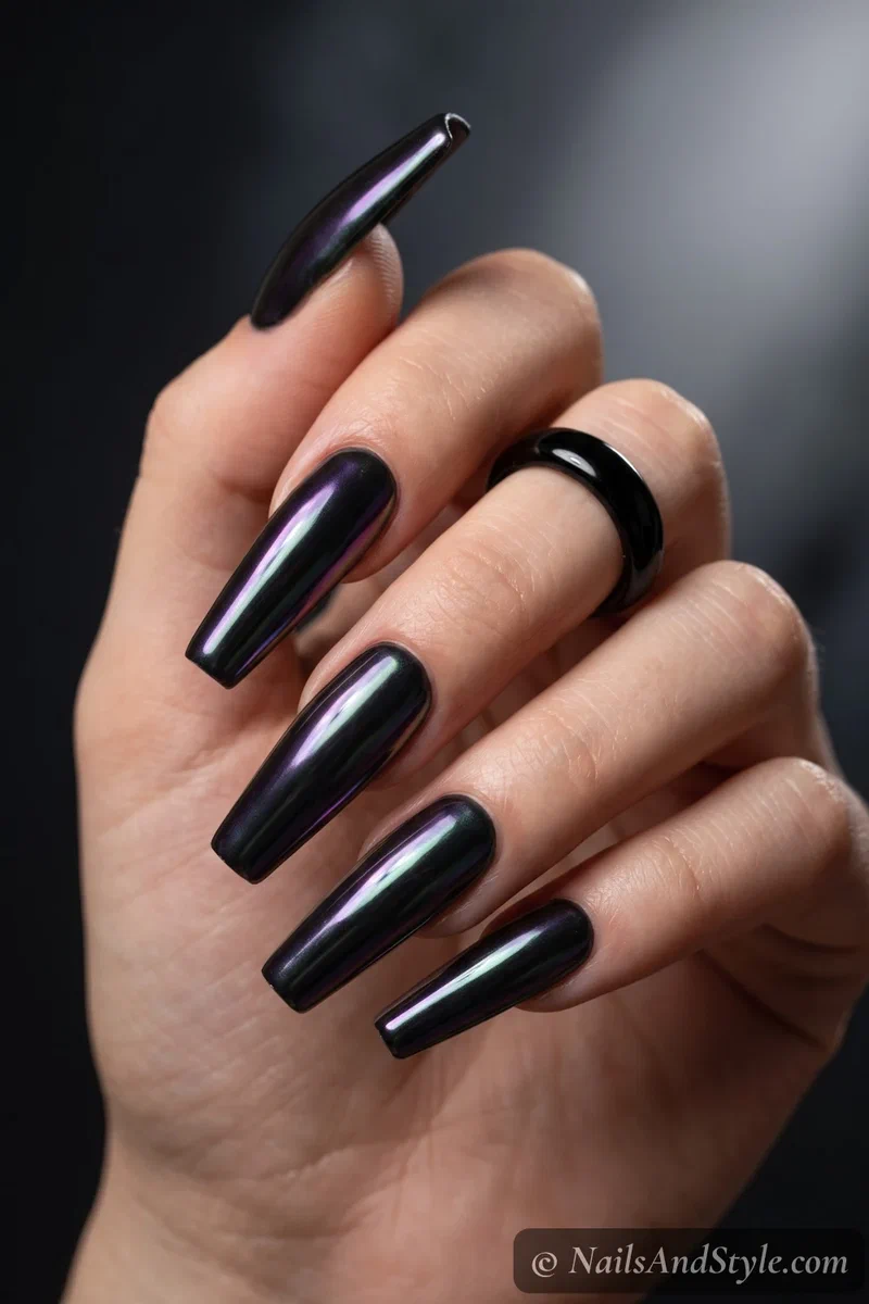 Long coffin nails in oil-slick black chrome