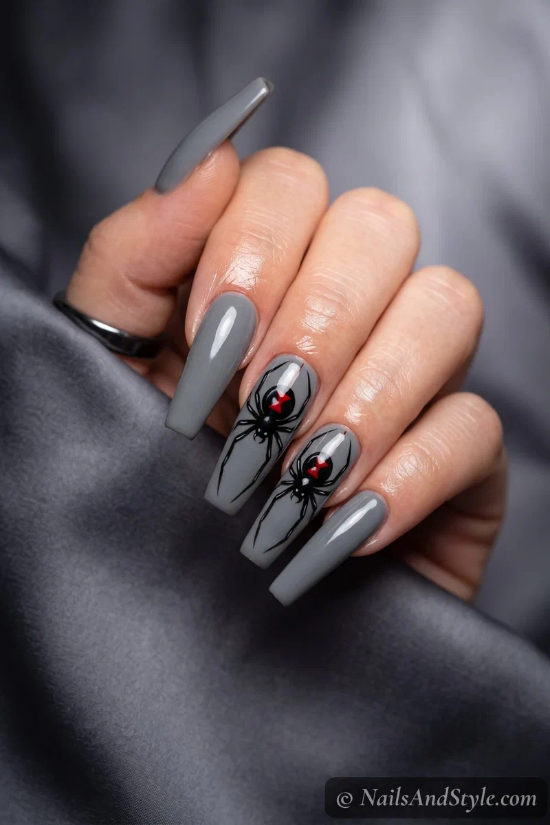 Long coffin nails with a black widow spider and red hourglass