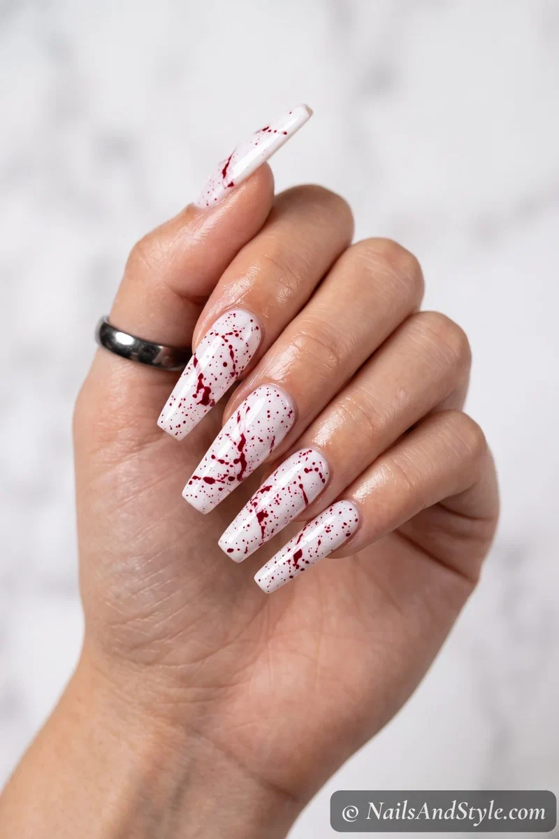 Long white coffin nails with fine red blood splatter