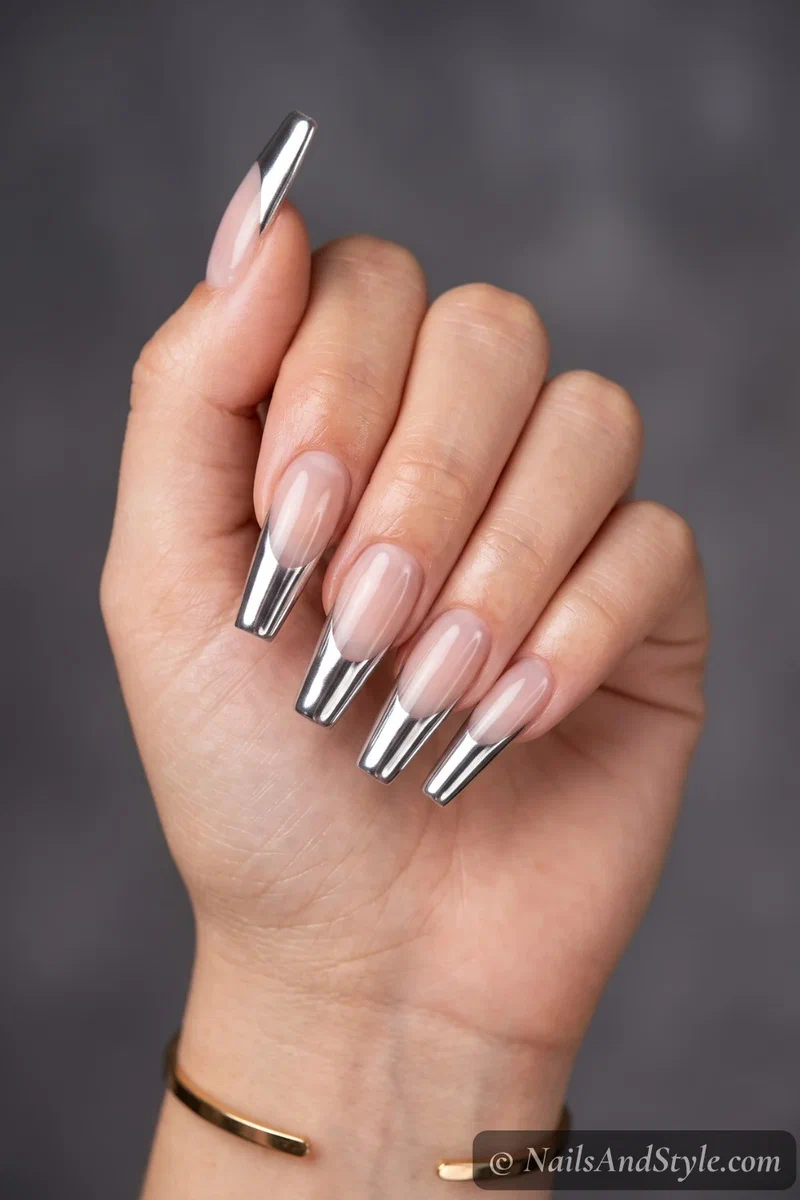 Long sheer coffin nails with silver chrome French tips