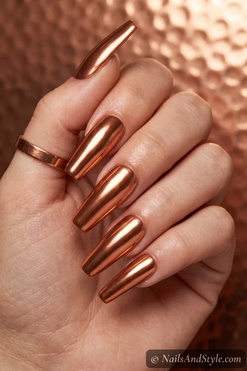 Long coffin nails in burnished copper metallic