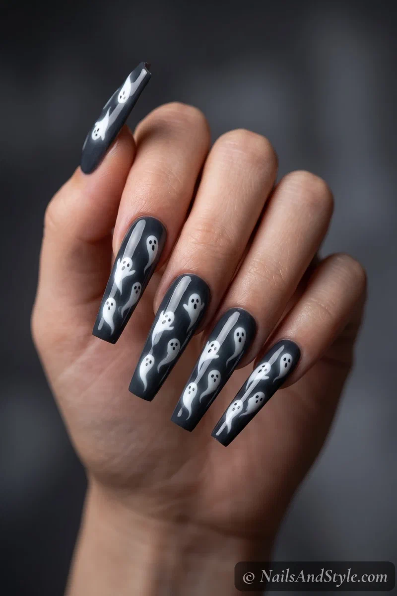 Long charcoal coffin nails with floating white ghosts