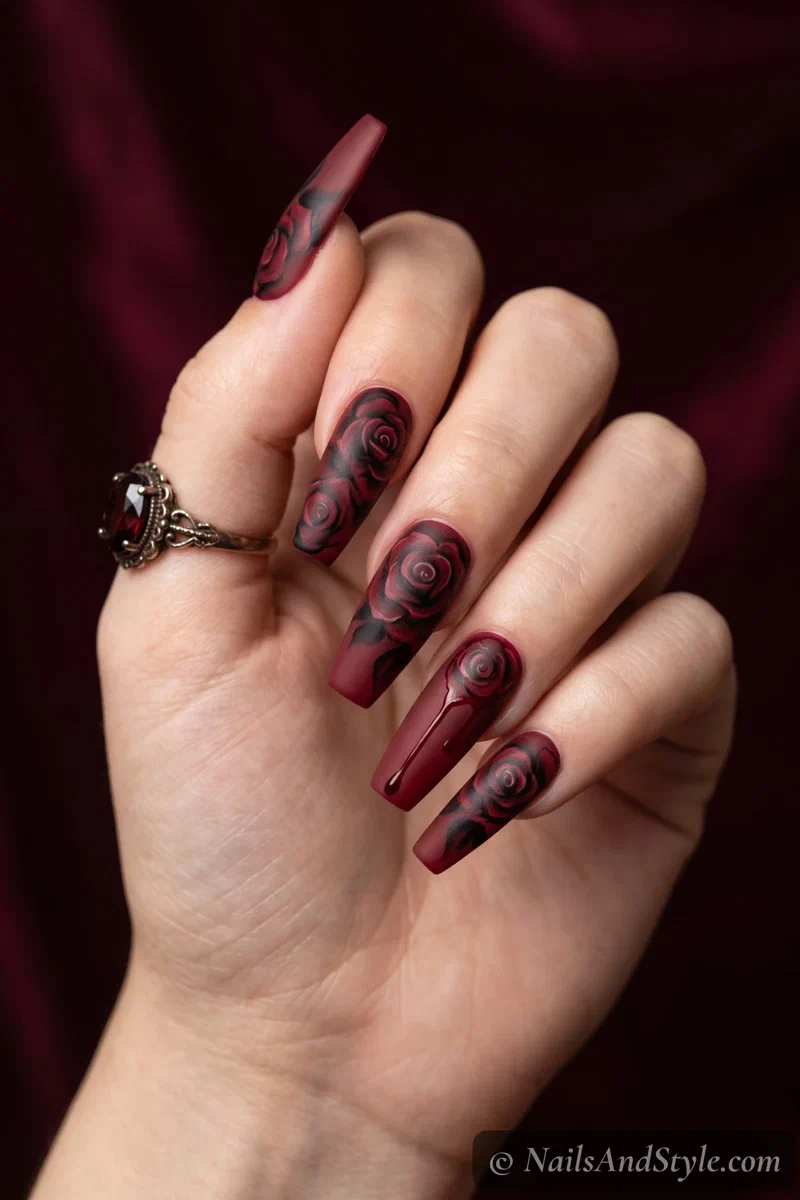 Long coffin nails with deep red gothic roses and black shadows