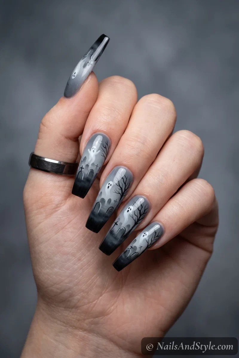 Long coffin nails with a graveyard scene of tombstones and a bare tree