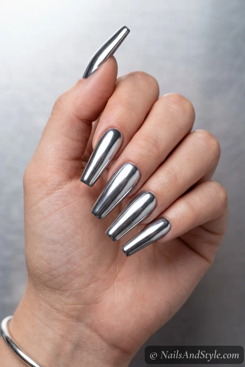Long coffin nails in cold silver mirror chrome