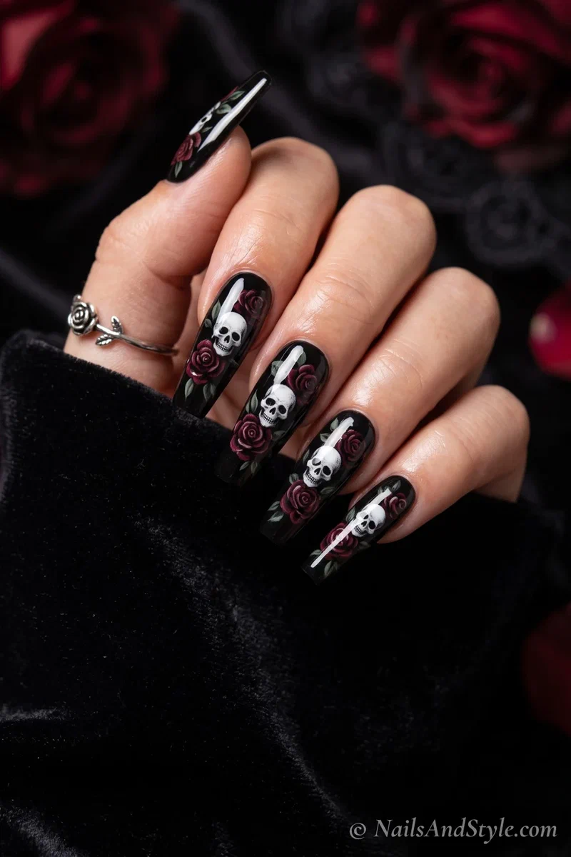 Long black coffin nails with a white skull among dark red roses