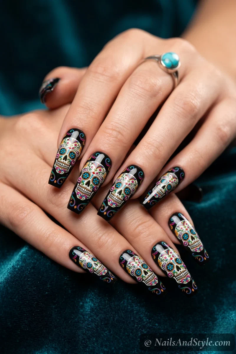 Long black coffin nails with an ornate colorful sugar skull