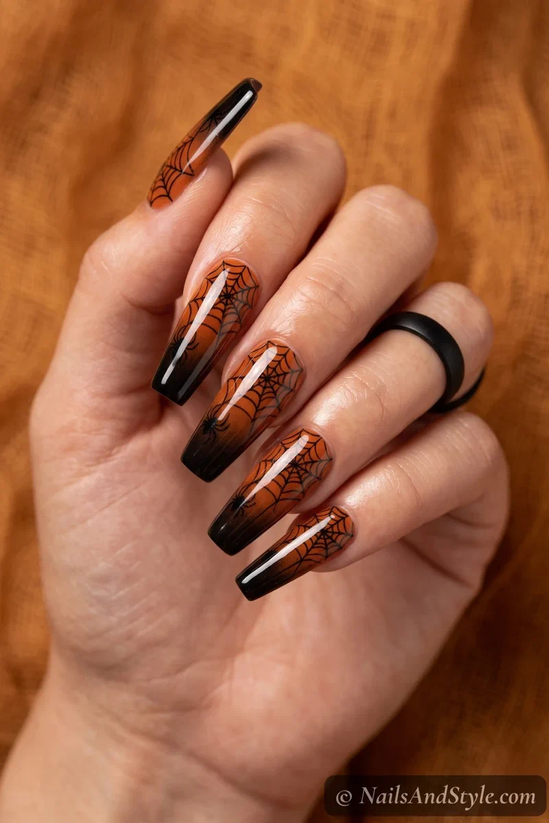 Long coffin nails with an orange to black ombre and a black spider web