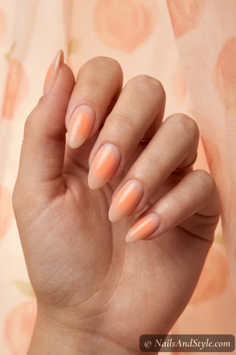 Aura peach glow nails with a soft peach halo blurred over a nude base on medium almond nails