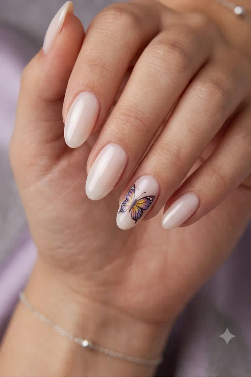 Butterfly accent nails with a delicate colorful butterfly on one nail over a soft base, medium almond nails
