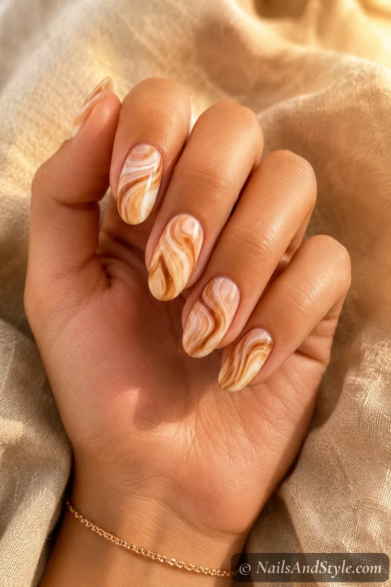 Cinnamon latte swirl nails with warm caramel and cream swirls over a milky base on medium oval nails