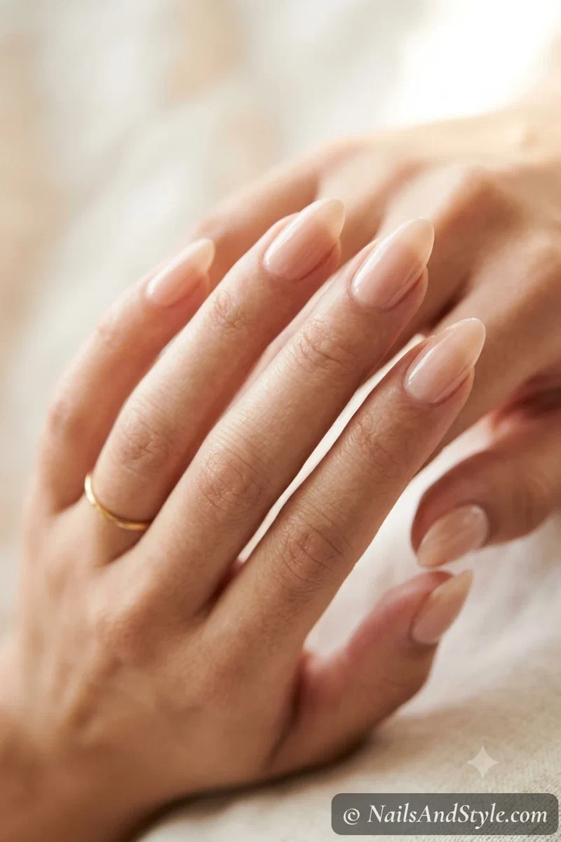Clean girl nude nails with a sheer glossy skin-tone nude on medium almond nails