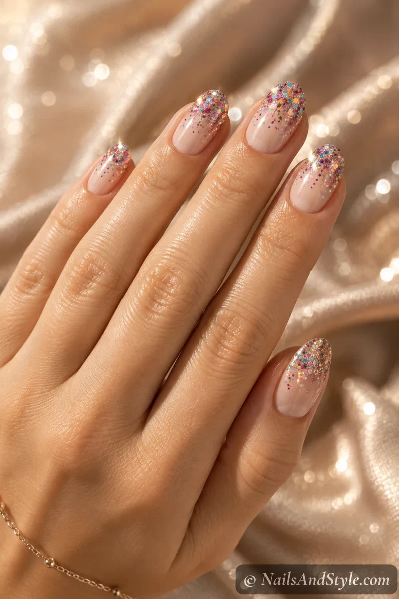 Confetti glitter nails with multicolor glitter at the tips over a sheer nude base on short almond nails
