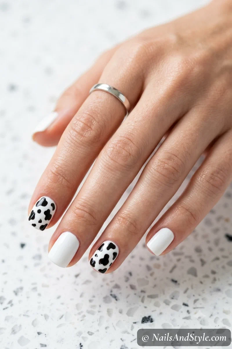 Cow print accent nails with irregular black splotches on a white accent nail, short square nails