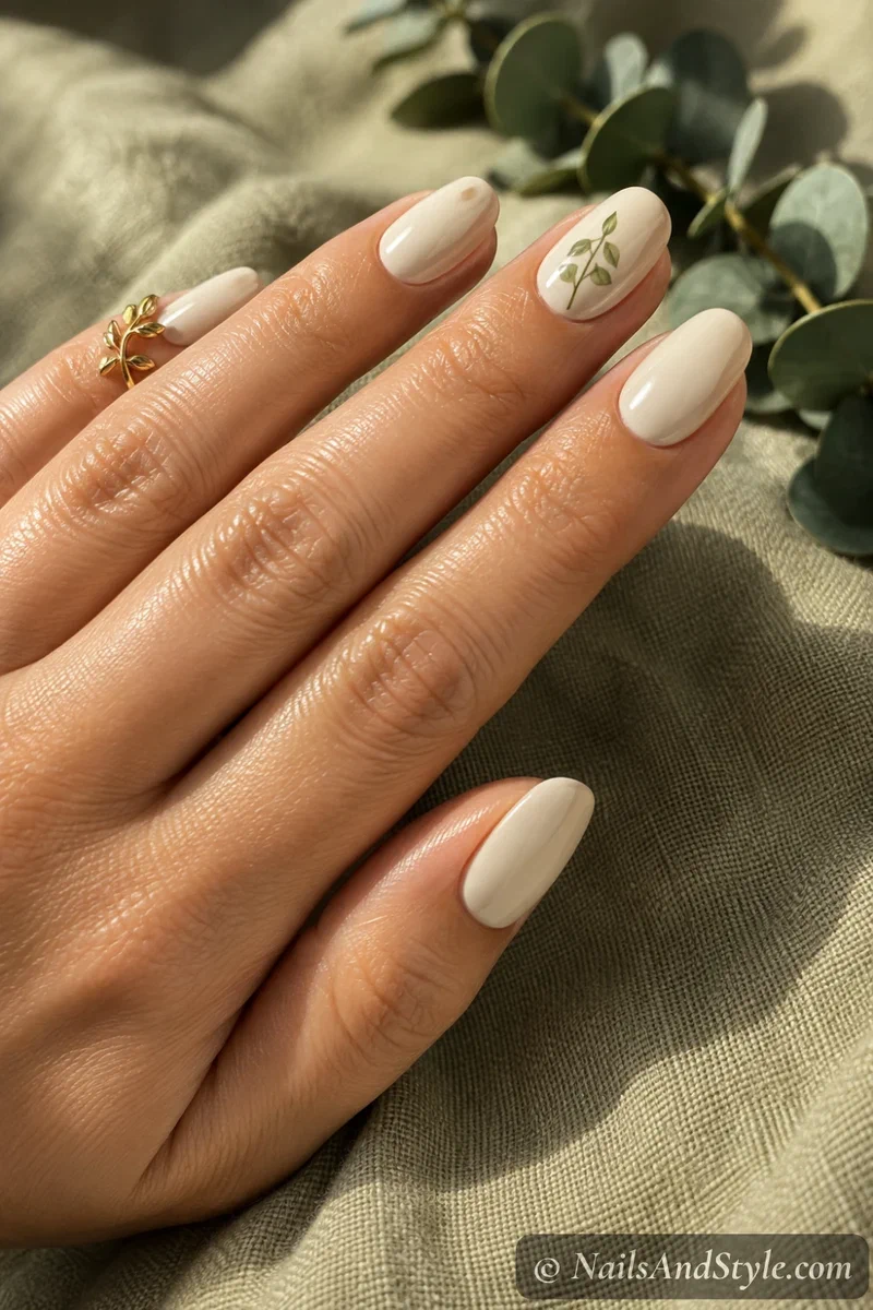 Dorm plant sprig nails with a delicate green leaf sprig on a cream accent nail, medium oval nails