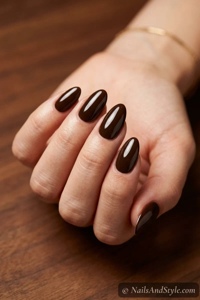 Espresso brown nails with a deep rich dark brown and glossy finish on medium almond nails