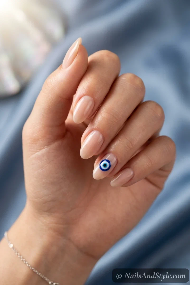 Evil eye accent nails with a small blue and white evil eye on one accent nail over a nude base, short almond nails