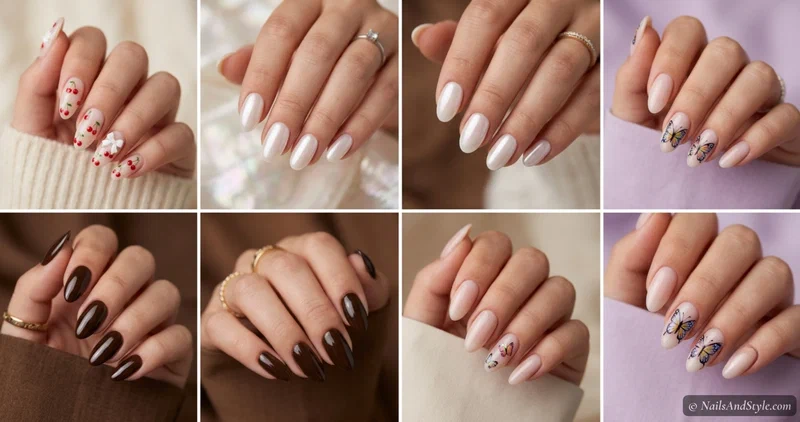 Collage of four college nail looks — cherry coquette, glazed milk chrome, espresso brown, and butterfly accent nails