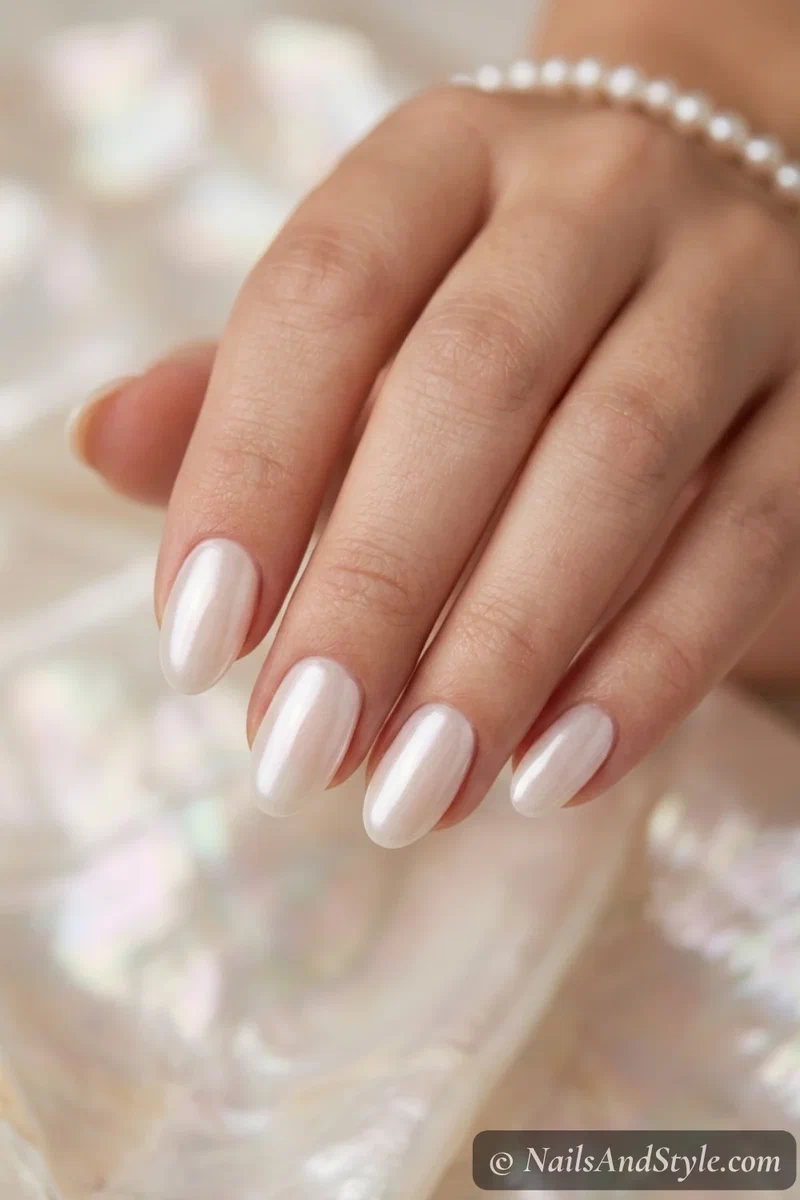 Glazed milk chrome nails with a pearly wet sheen over a milky white base on medium oval nails