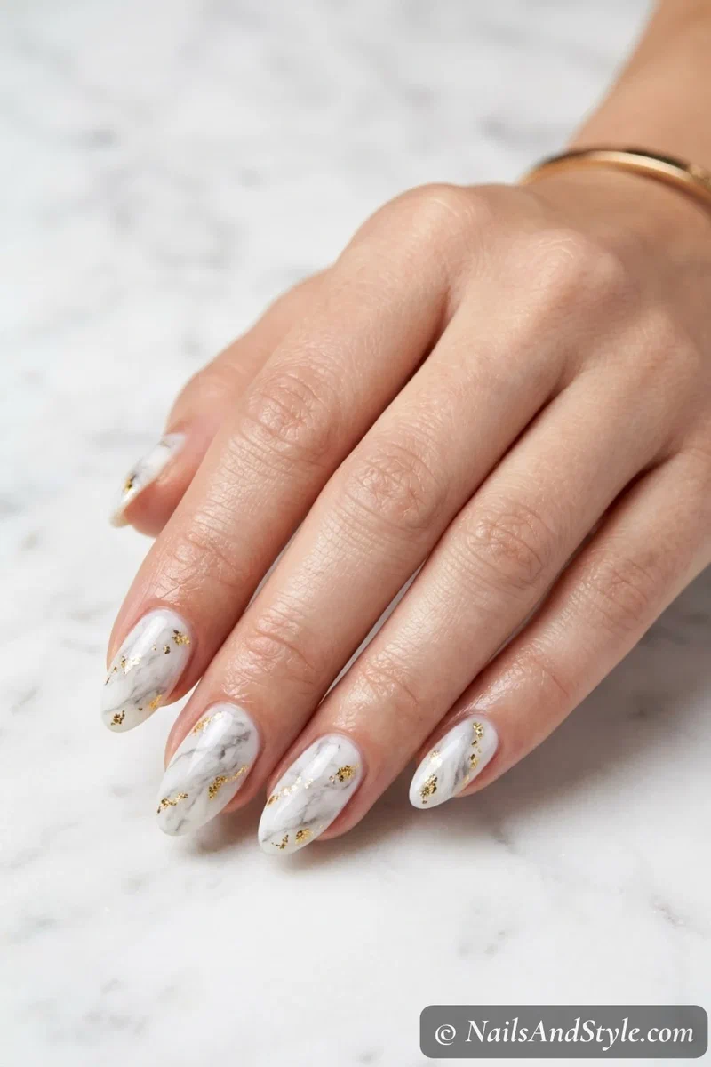 Gold foil marble nails with soft grey veins and gold foil flecks over a milky white base on medium almond nails