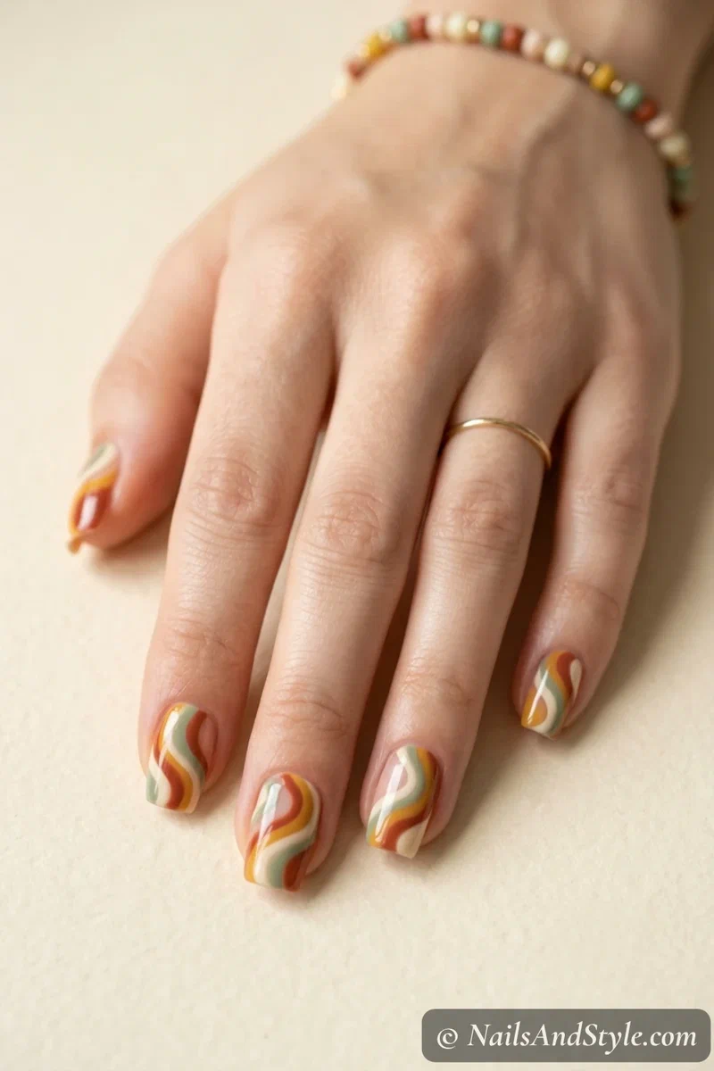 Groovy retro swirl nails with rust, cream, mustard, and sage swirls on medium squoval nails