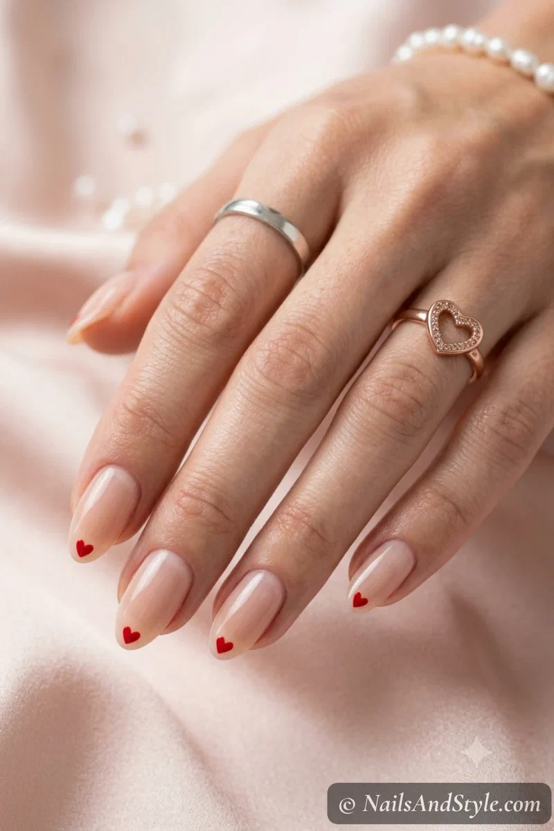 Heart French tip nails with tiny red hearts at the tips over a sheer nude base on medium almond nails