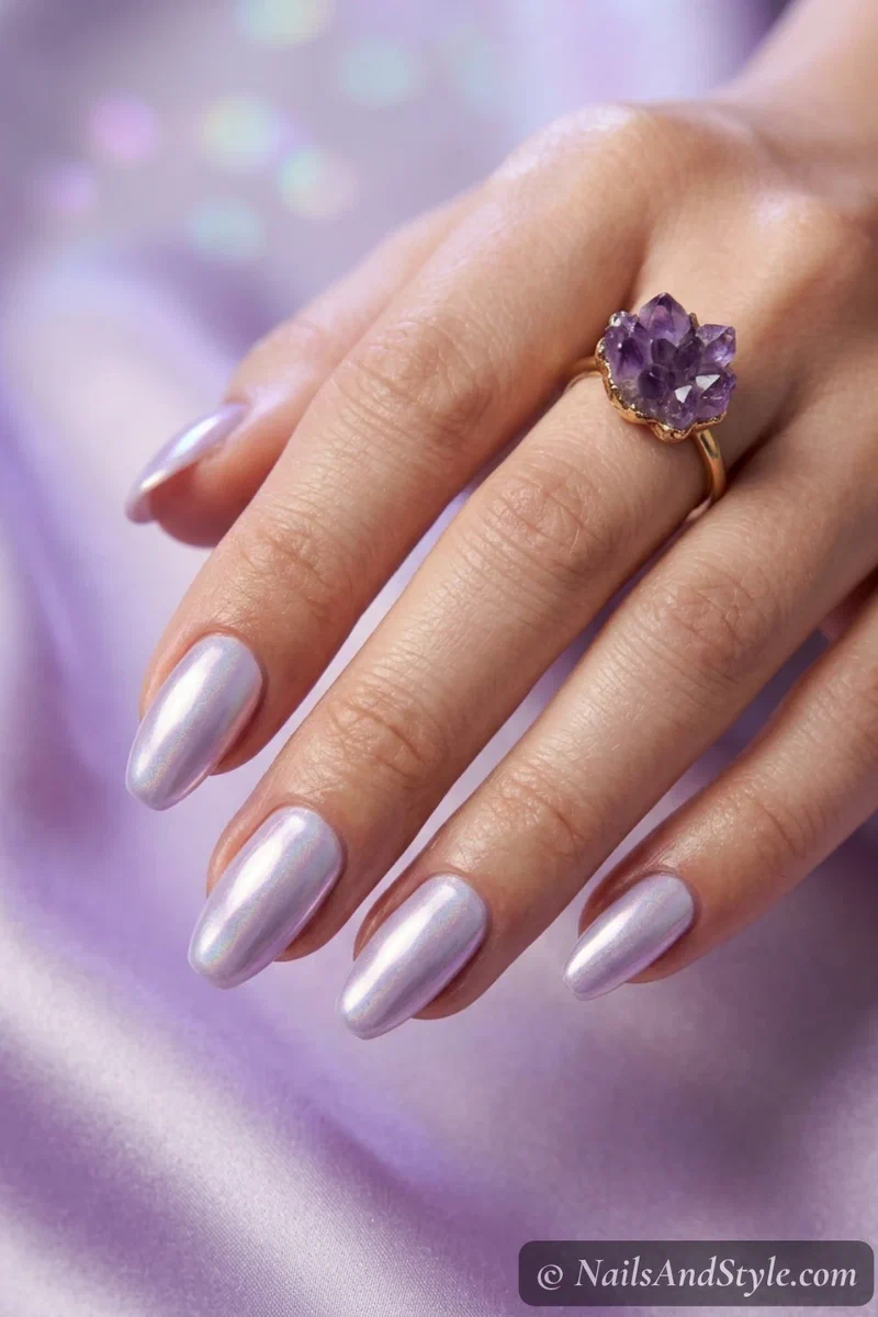 Lavender chrome nails with a soft lilac base and shifting silver-purple metallic sheen on medium almond nails