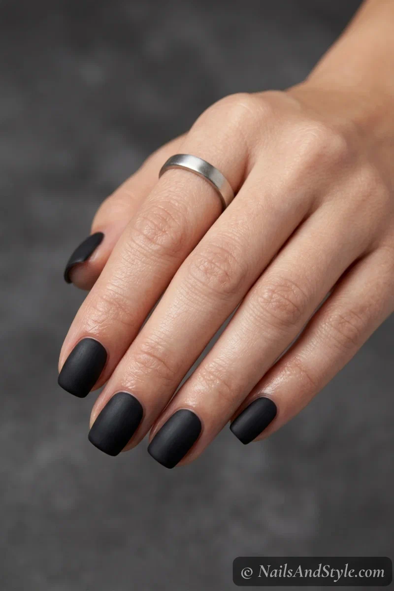 Matte black nails with a flat matte finish on short square nails