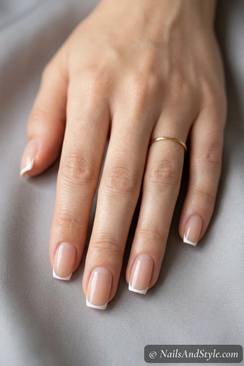 Micro French nails with an ultra-thin white tip line over a sheer nude base on medium squoval nails