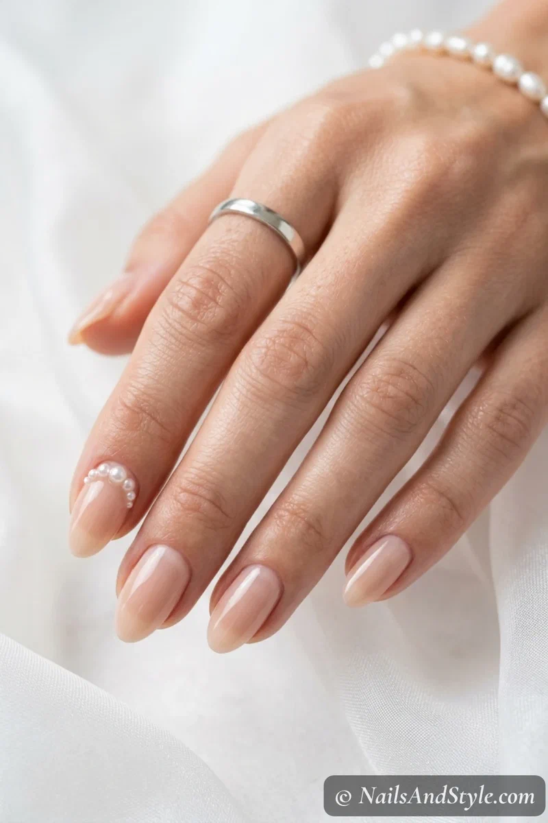 Pearl cuticle accent nails with a small cluster of pearls near the cuticle over a nude base on medium almond nails