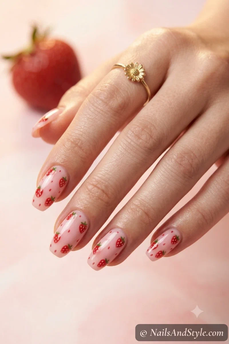 Strawberry milk nails with a milky pink base and tiny red strawberries near the tips on medium almond nails