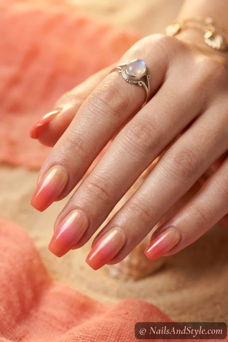 Sunset coffin gradient nails blending coral into pink and gold on medium coffin nails