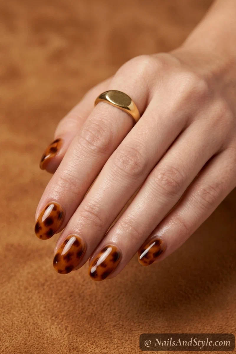 Tortoiseshell nails with dark brown blobs over an amber caramel base on medium oval nails