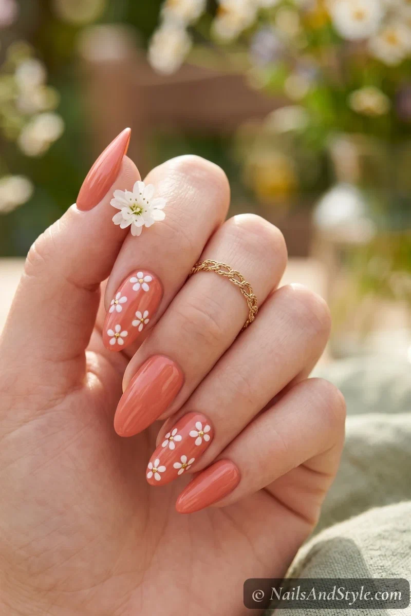 Warm coral nails with white floral accent nail art and gold flower centers