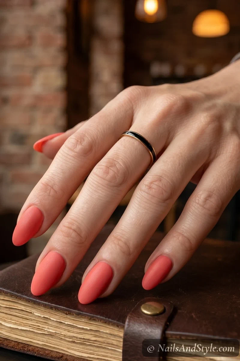 Deep coral matte velvet finish nails on medium squoval nails