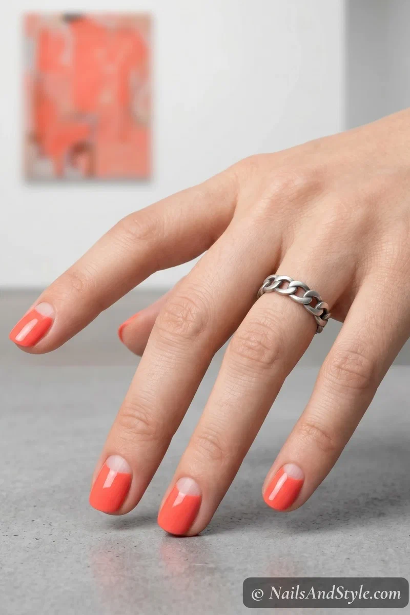 Bright coral negative space half moon nail design with bare cuticle crescent on short round nails